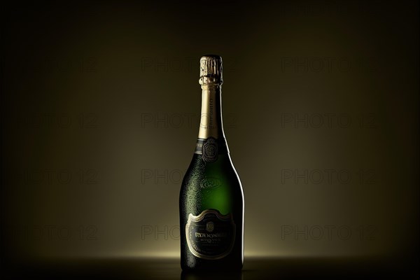 Studio shot of chilled bottle of champagne