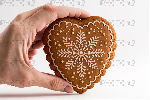 Hand of woman holding freshly backed gingerbread cookie against white