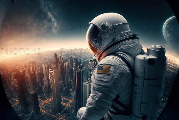 Photography astronaut in skyscraper city