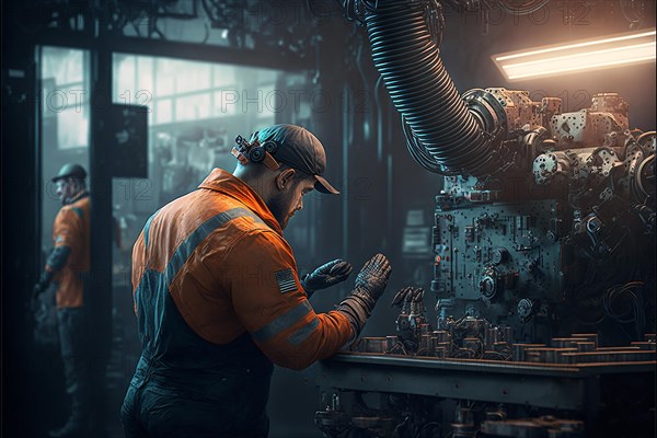 Engineer examining robotic arm machine in warehouse