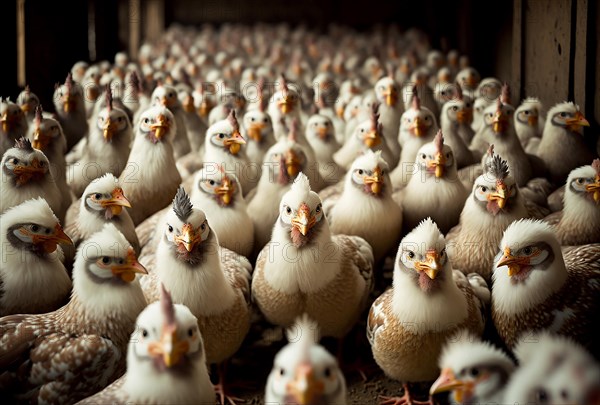 Flock of chicken at poultry farm