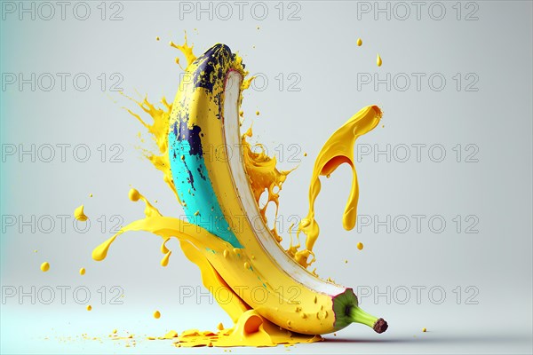 Peeled banana with colored splashes