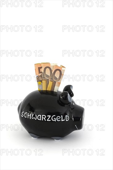 Piggy bank for black money and 50 euro banknotes