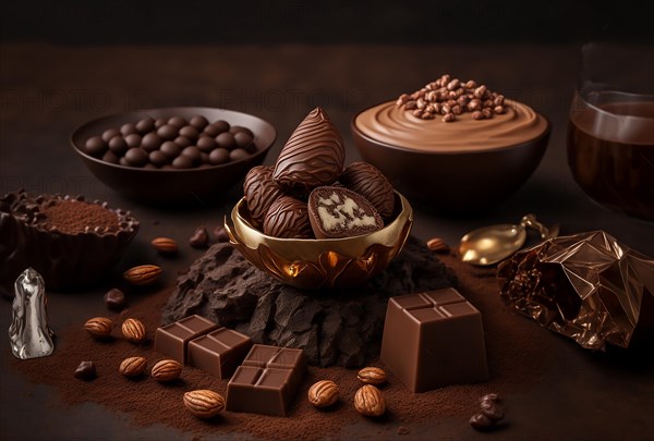 Chocolate sweets and nuts placed on table with ingredients