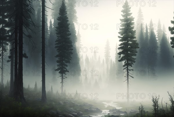 Pine forest with fog seen from drone