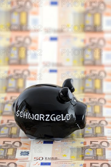 Piggy bank for black money and 50 euro banknotes