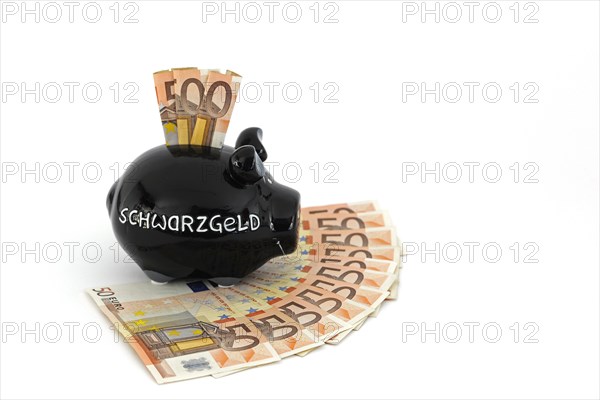 Piggy bank for black money and 50 euro banknotes