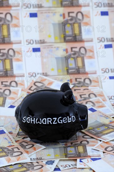 Piggy bank for black money and 50 euro banknotes