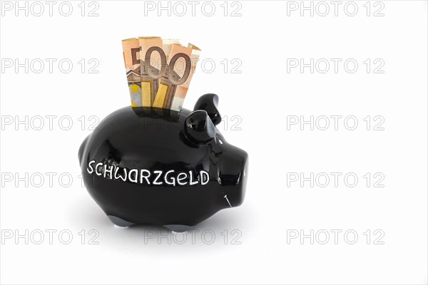 Piggy bank for black money and 50 euro banknotes