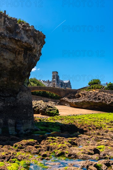 Low tide on the beach under the Basta Rock of Biarritz beach