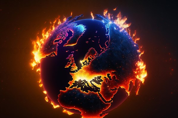 World map of europe with fire seen from the galaxy