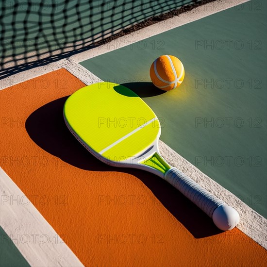 A pickleball racket and ball on the ground at the court