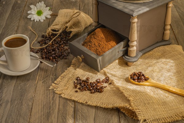 Coffee beans and ground coffee with coffee grinder and flowers