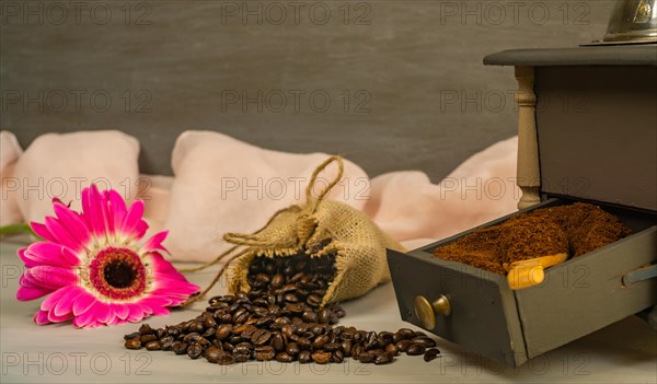 Coffee beans and ground coffee with coffee grinder and flowers