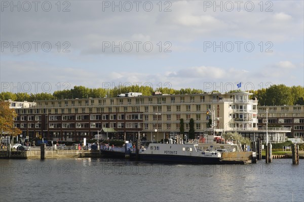 Car ferry Priwallfaehre in front of Rosenhof senior citizens residential home