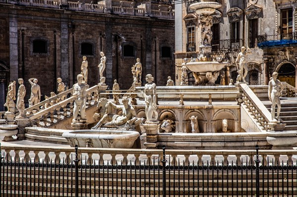 Fontana Pretoria with several basins with white marble figures and statues