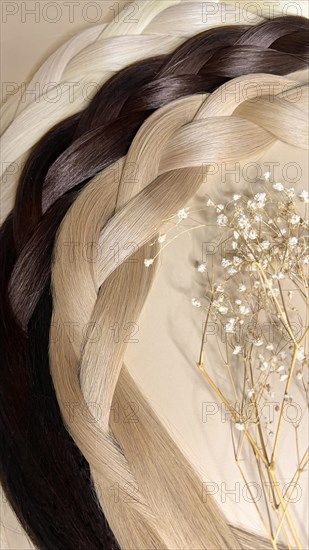 Strands of natural hair of different colors for extensions