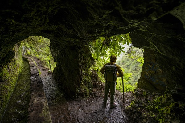 Hikers on a trail along a levada through a tunnel