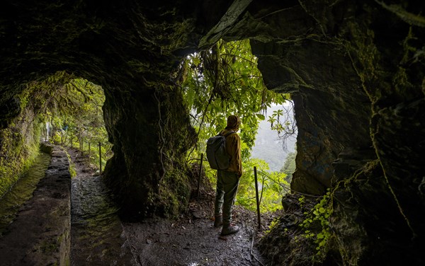 Hikers on a trail along a levada through a tunnel