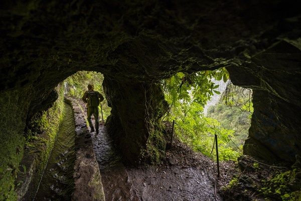 Hikers on a trail along a levada through a tunnel