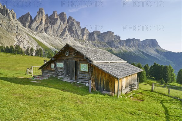 Alpine pasture in front of mountain panorama in Villnoess Valley