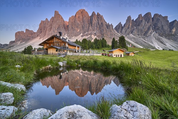 Geisleralm with Geisler group and alpenglow