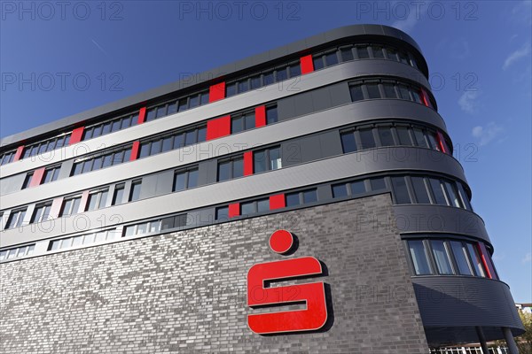 Modern bank building with logo Sparkasse