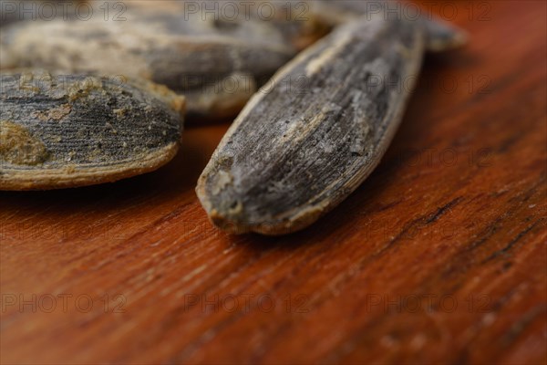Close-up of roasted sunflower seeds with salt selective focus on a wooden table