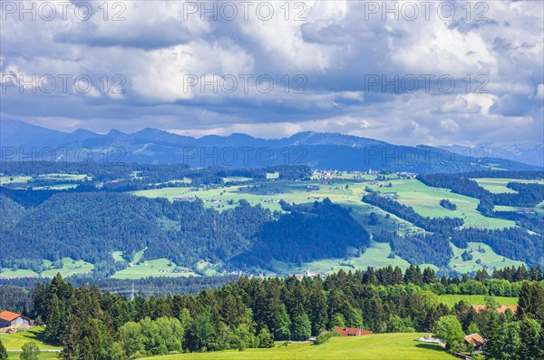 Picturesque landscape and rural area in the West Allgaeu around the village of Scheidegg near Lindau