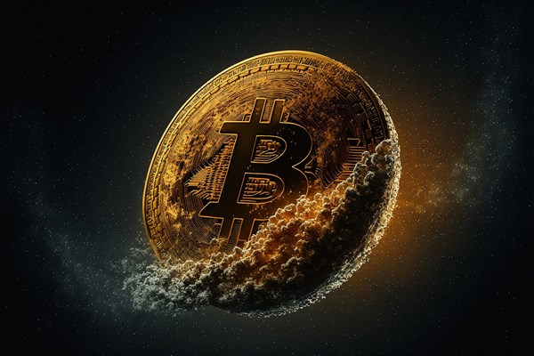Gold bitcoin coin in space