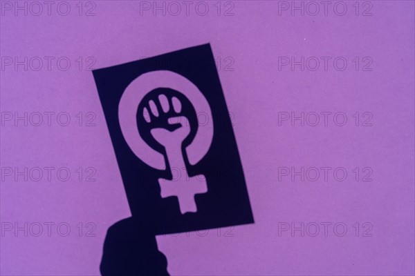 Shadow of the symbol of the fight for feminism on a purple background