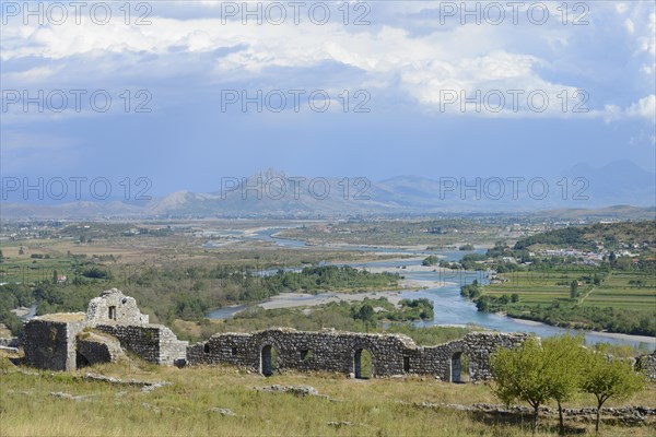 Wall of the Rozafa Castle Ruin and Confluence of the Buna and Drin Rivers