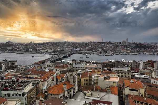 Panoramic view from the Galata Tower on the sea of houses at the Golden Horn