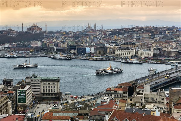 Panoramic view from the Galata Tower of Golden Horn with ferries