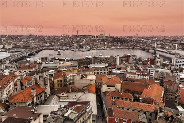 Panoramic view from the Galata Tower on the sea of houses at the Golden Horn