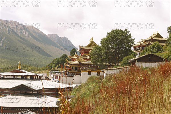 Golden temple roofs and green valleys in the mountain landscape