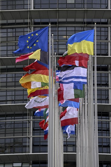 Ukrainian and EU flag in the wind in front of the European Parliament