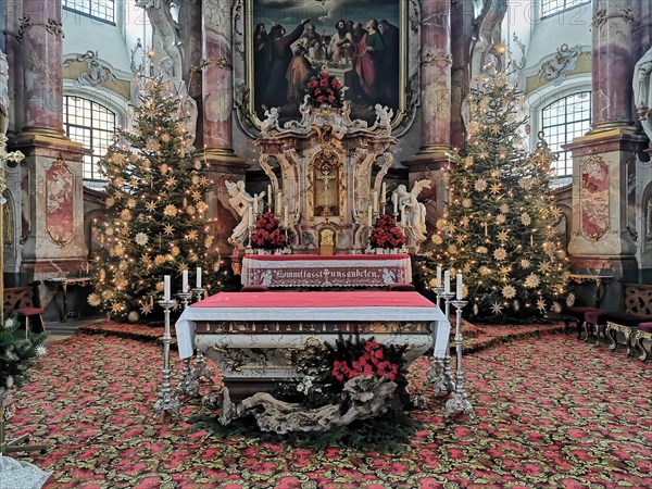 Christmas decoration in the pilgrimage church Basilica Vierzehnheiligen near Bad Staffelstein