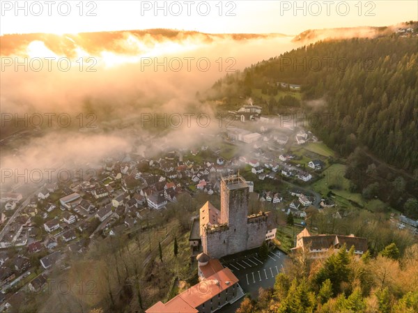 Castle at sunrise with fog in the town