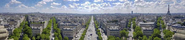 Panorama from the Arc de Triomphe de lEtoile on the Av. des Champs-Elysees towards the Louvre Museum