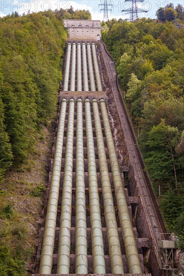 Water pipes and cableway between Walchensee and Lake Kochel for the largest high-pressure storage power plant