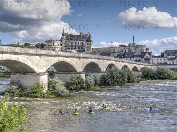 Marechal Leclerc Bridge on the Loire with kayakers and in the background the Renaissance castles of Amboise