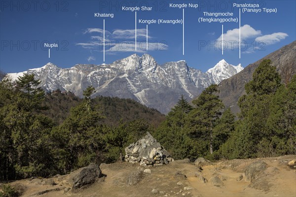 View down-valley from Deboche in the Khumbu Region. A part of the Tengboche Monastery is seen on the left-hand side