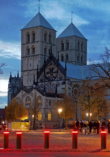 Red luminous bollards on the Domplatz with St. Pauls Cathedral