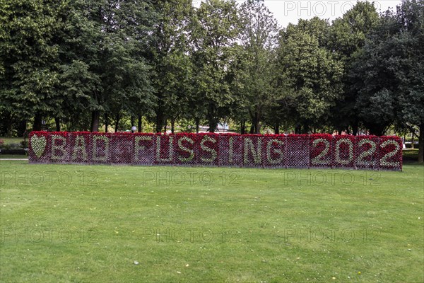 Frame with Bad Fuessing lettering made of flowers with a red background of cyclamen