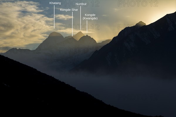 Looking down at sunset from a place above Dingboche in the upper Imja Khola valley of Khumbu Region of the Himalayas â€“ a mountain panorama with labelled peaks. Khatang is the distant mountain in the view on the left-hand side
