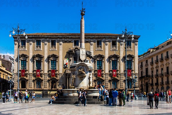 Fountain with Roman elephant statue made of basalt and current landmark of the city in Piazza Duomo