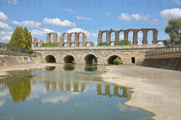 Historic UNESCO Bridge Puente Romano de la Puerta and UNESCO Acueducto de los Milagros over the Rio Albarregas in Merida