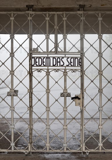 Gate to the beech forest concentration camp with the saying Jedem das Seine