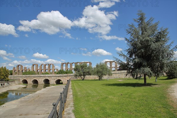 Historic UNESCO Bridge Puente Romano de la Puerta and UNESCO Acueducto de los Milagros over the Rio Albarregas in Merida